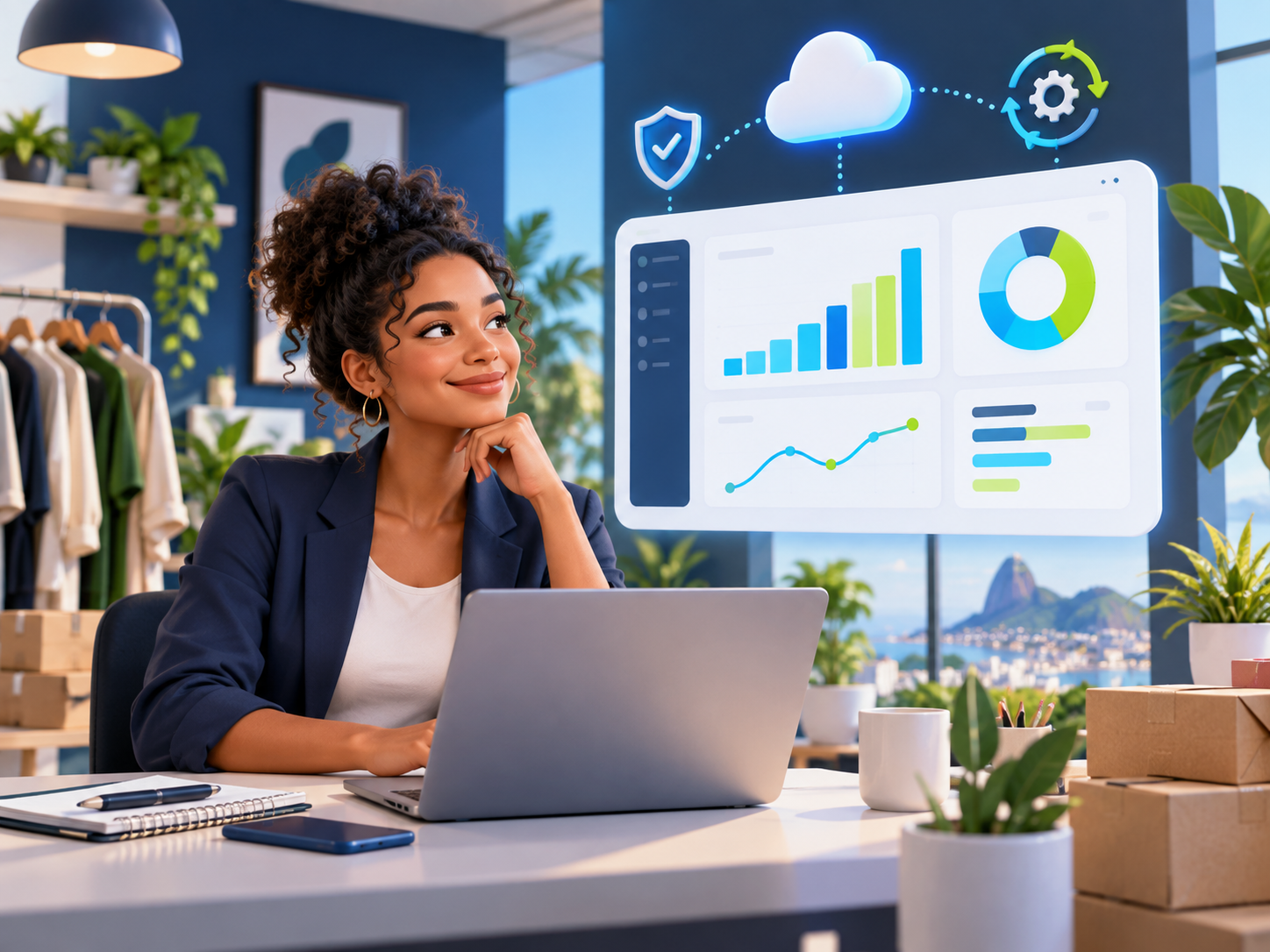 Empreendedora analisando uma solução digital segura em seu negócio